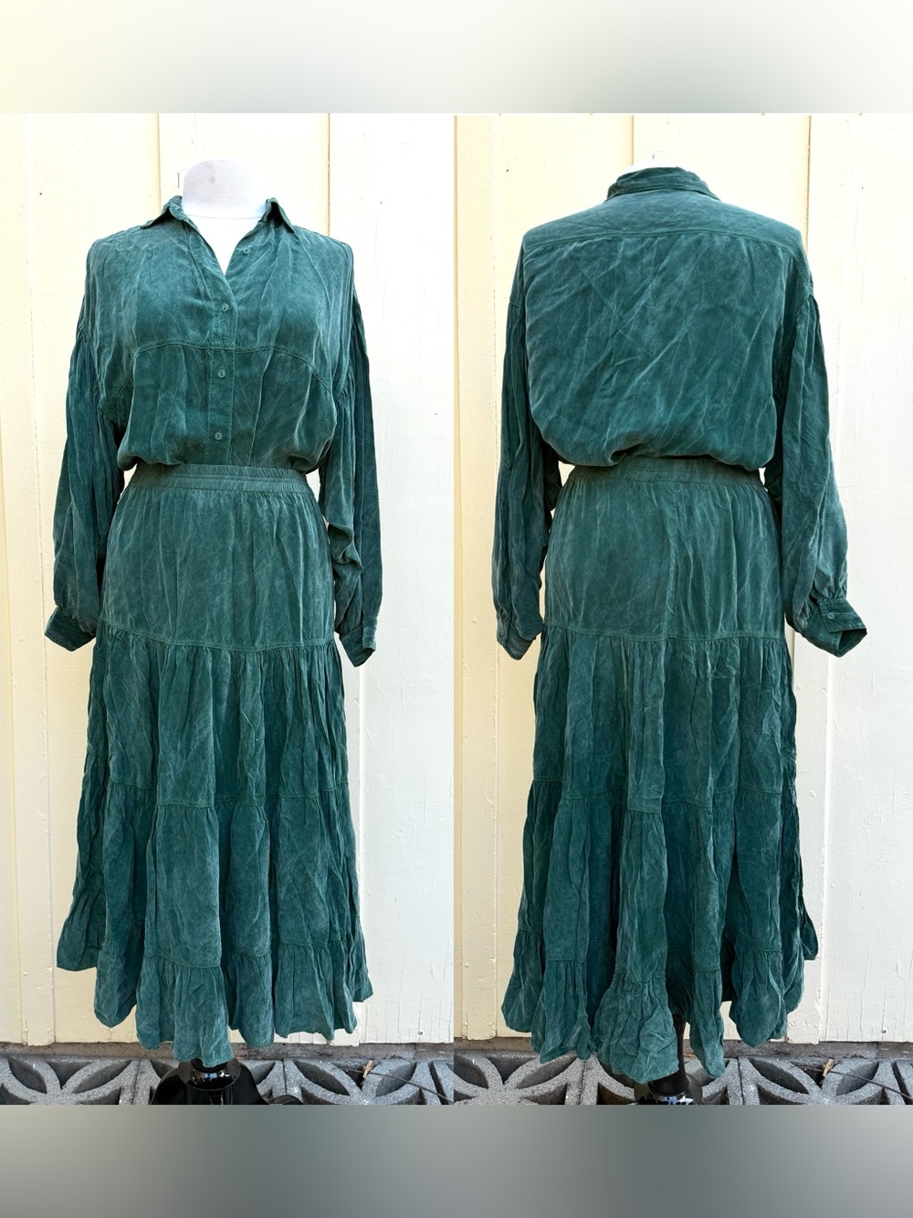 Vintage Tianello Western Green Skirt Blouse Set Cottagecore Peasant Tiered Maxi